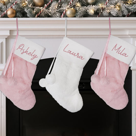 Custom Pink/White Pom Pom Christmas Stockings