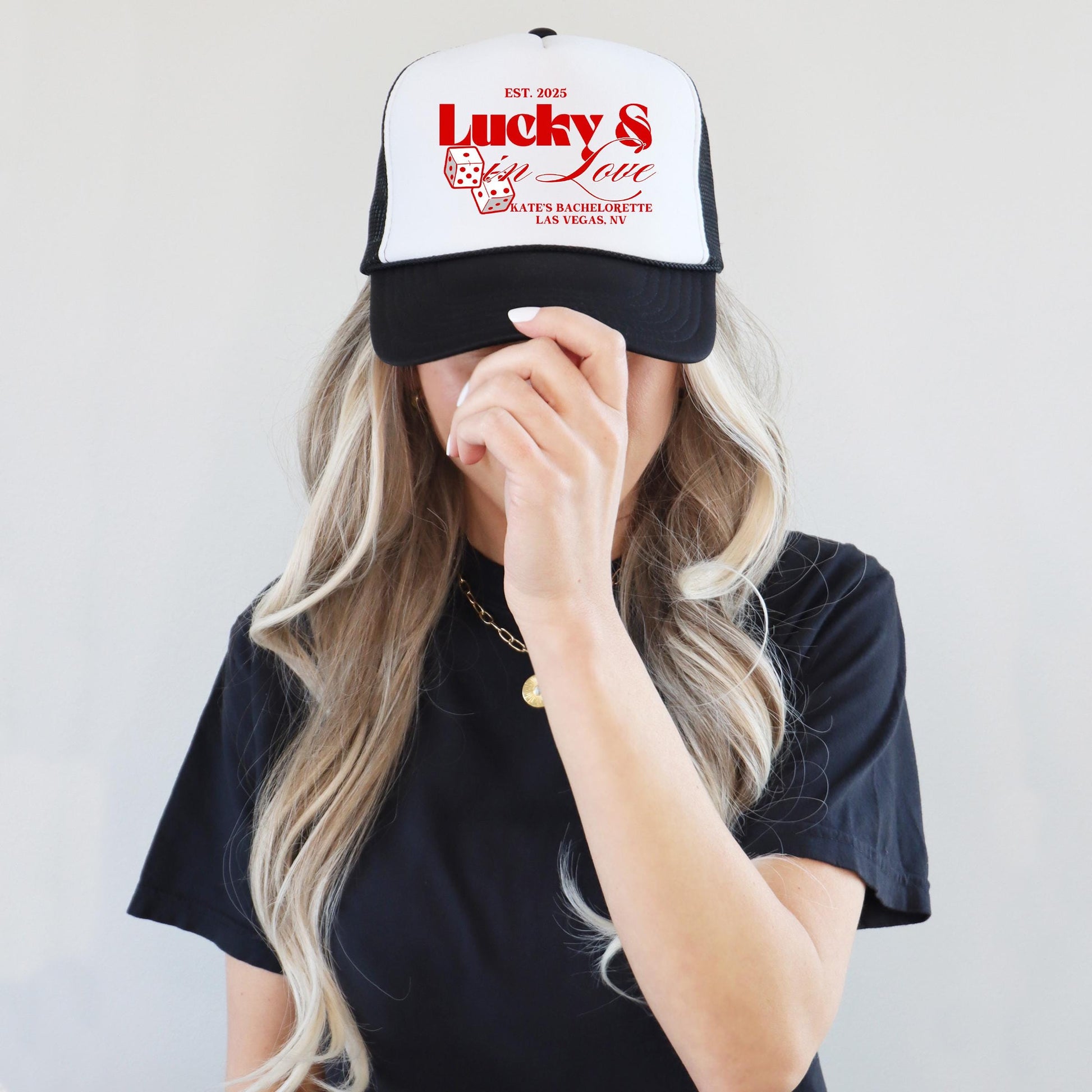 Bachelorette Party Custom Trucker Hats, Lucky In Love Bachelorette Merch, Custom Destination Girls Trip Bach Party Las Vegas