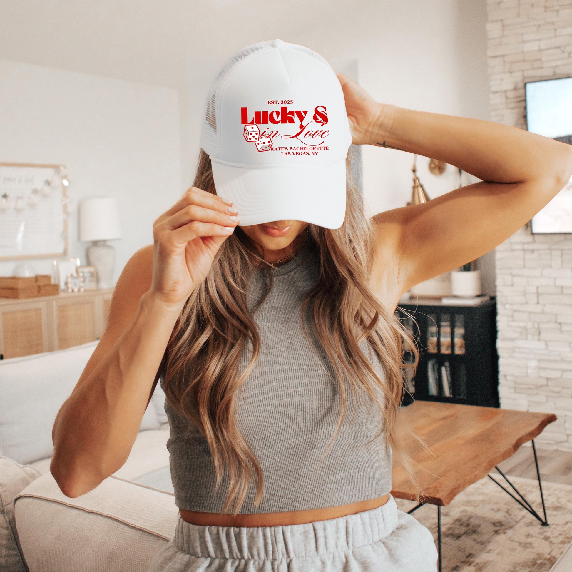 Bachelorette Party Custom Trucker Hats, Lucky In Love Bachelorette Merch, Custom Destination Girls Trip Bach Party Las Vegas