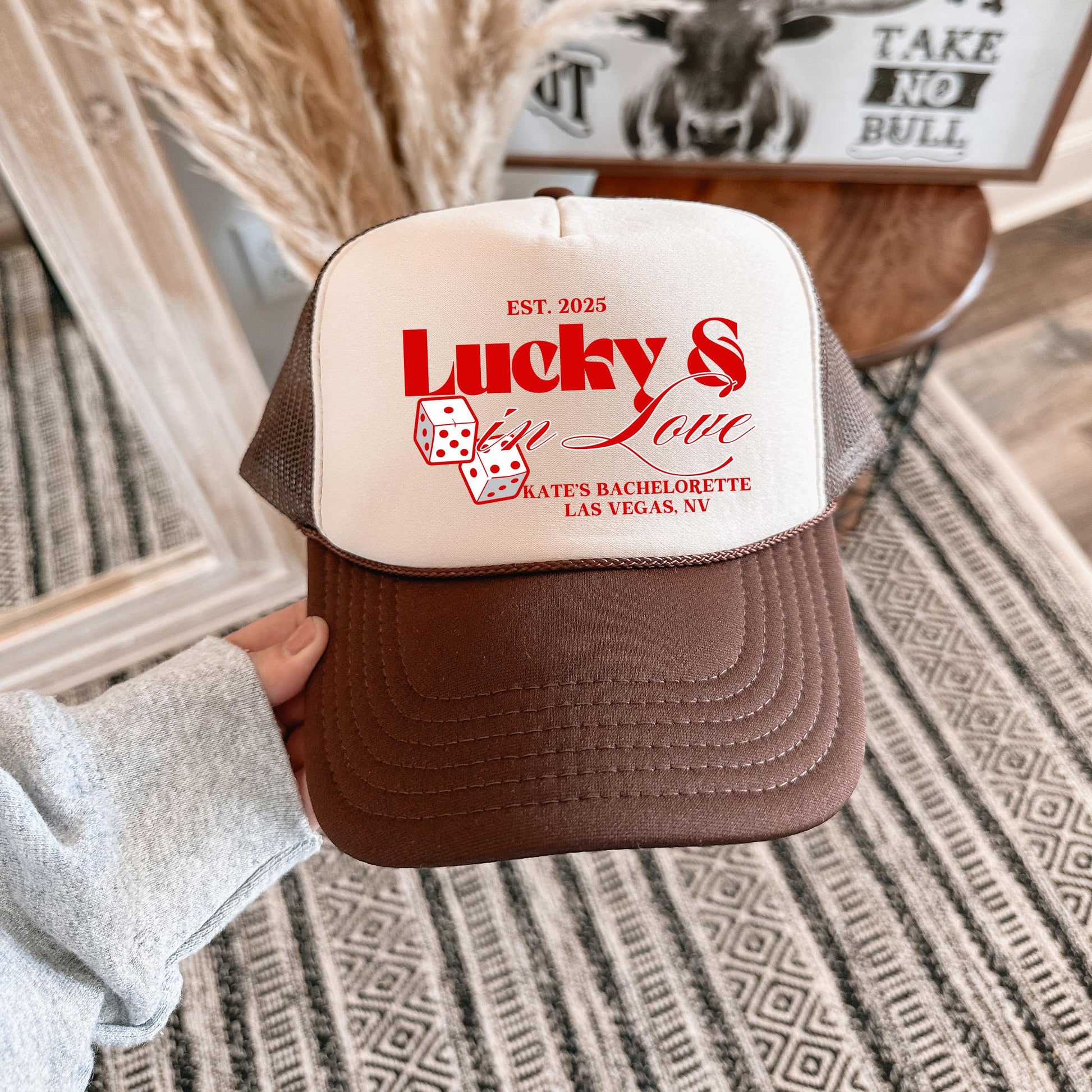 Bachelorette Party Custom Trucker Hats, Lucky In Love Bachelorette Merch, Custom Destination Girls Trip Bach Party Las Vegas