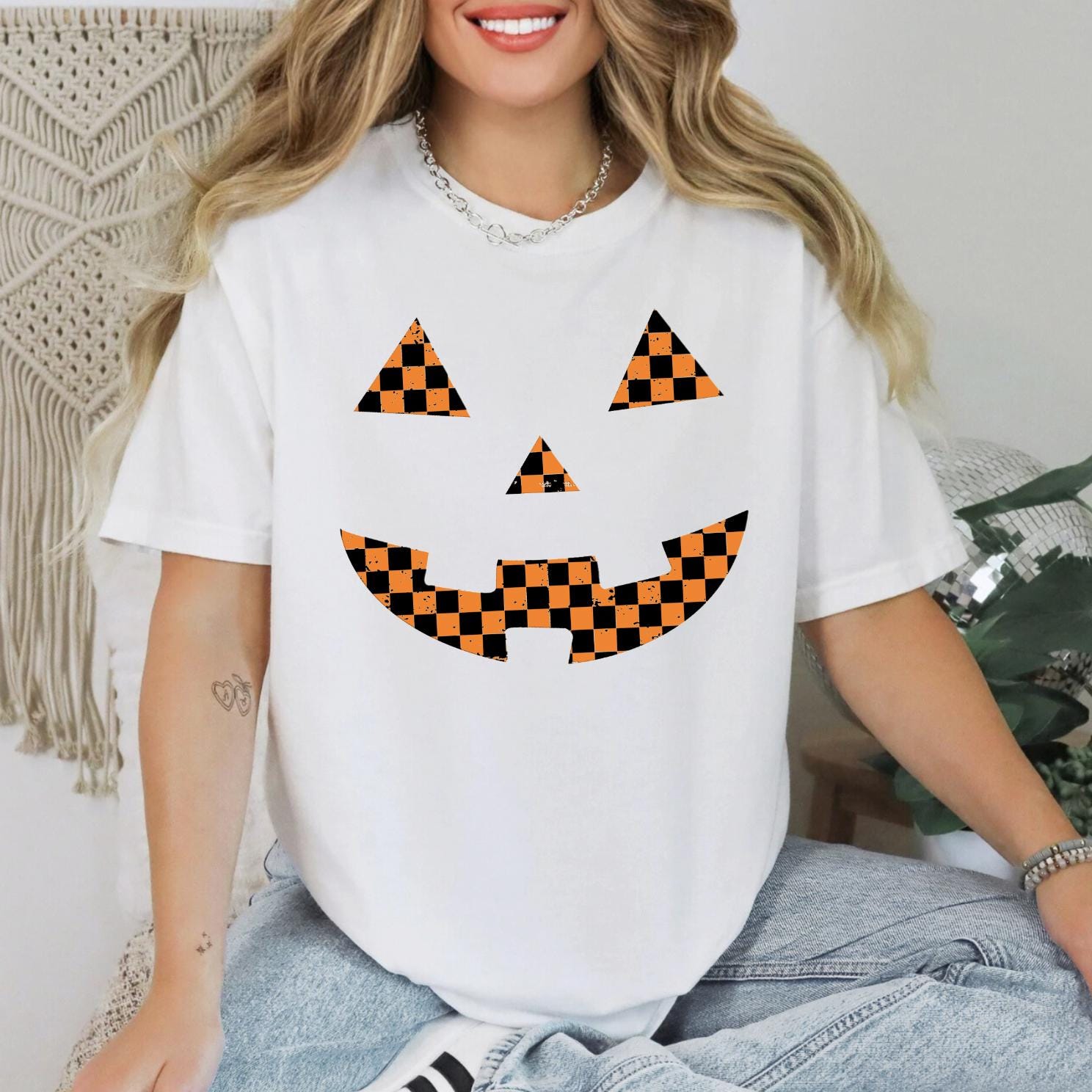 Checkered Pumpkin Face Comfort Colors Halloween T-Shirt, Checkered Halloween Tee, Pumpkin Face Halloween Graphic Shirt