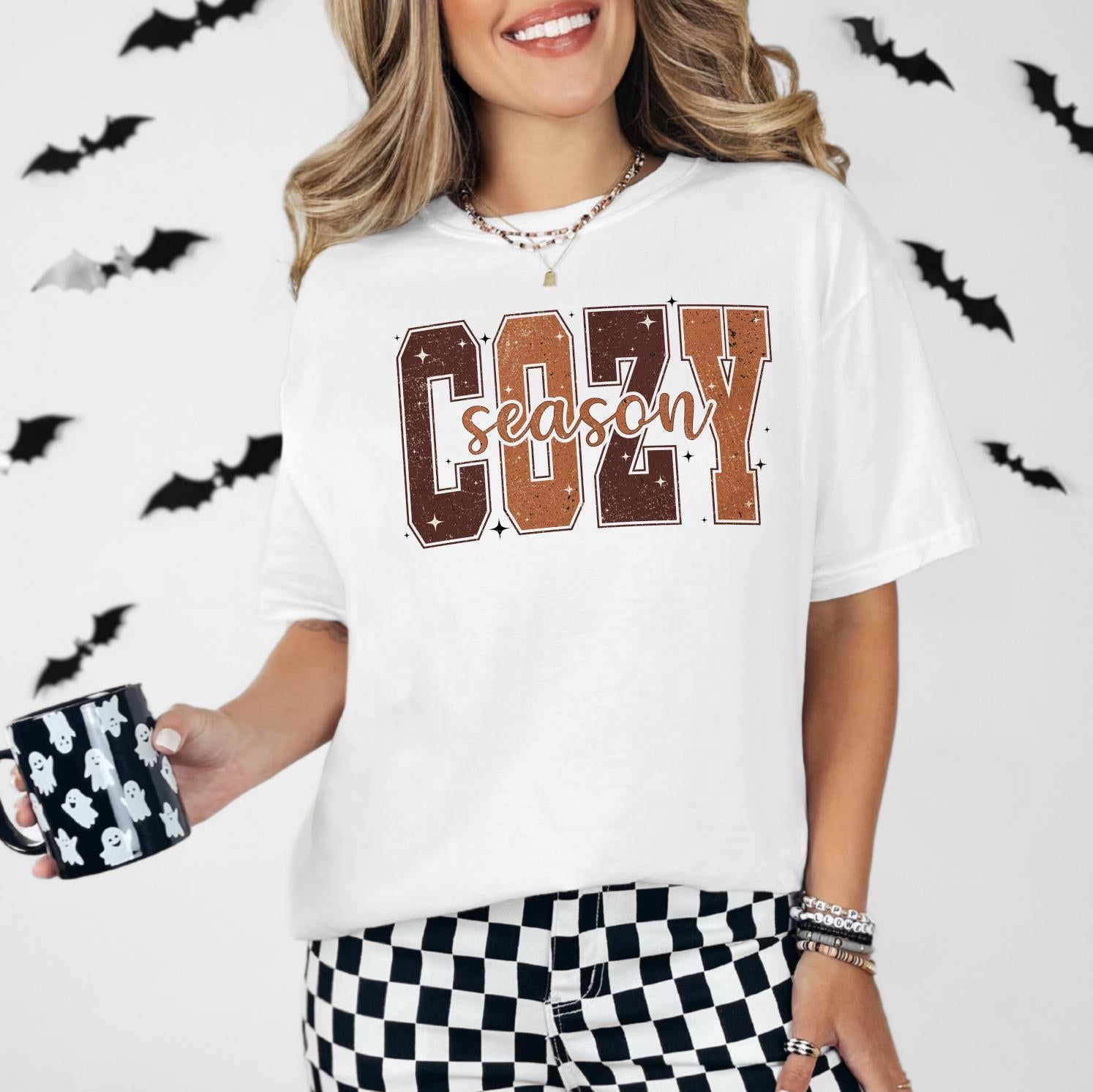 Cozy Season DTG Printed, Sweatshirt T-Shirt, Halloween Sweatshirt or Tshirt, Pink Halloween, Trendy Halloween Outfit, Halloween Graphic Tee