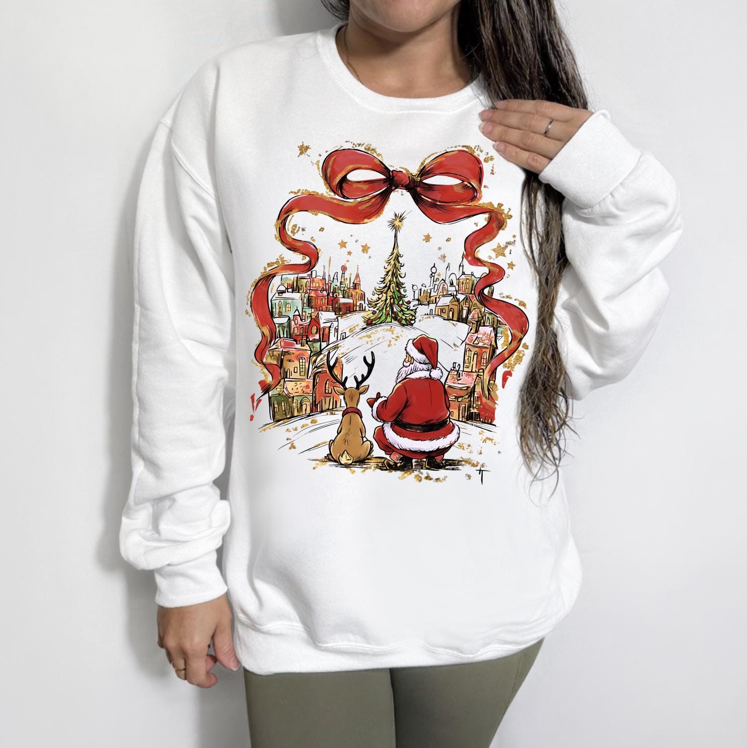 Christmas Scene DTG Printed Pink Sweatshirt or T-Shirt | Cute Holiday Graphic Tee | Pink Christmas Shirt