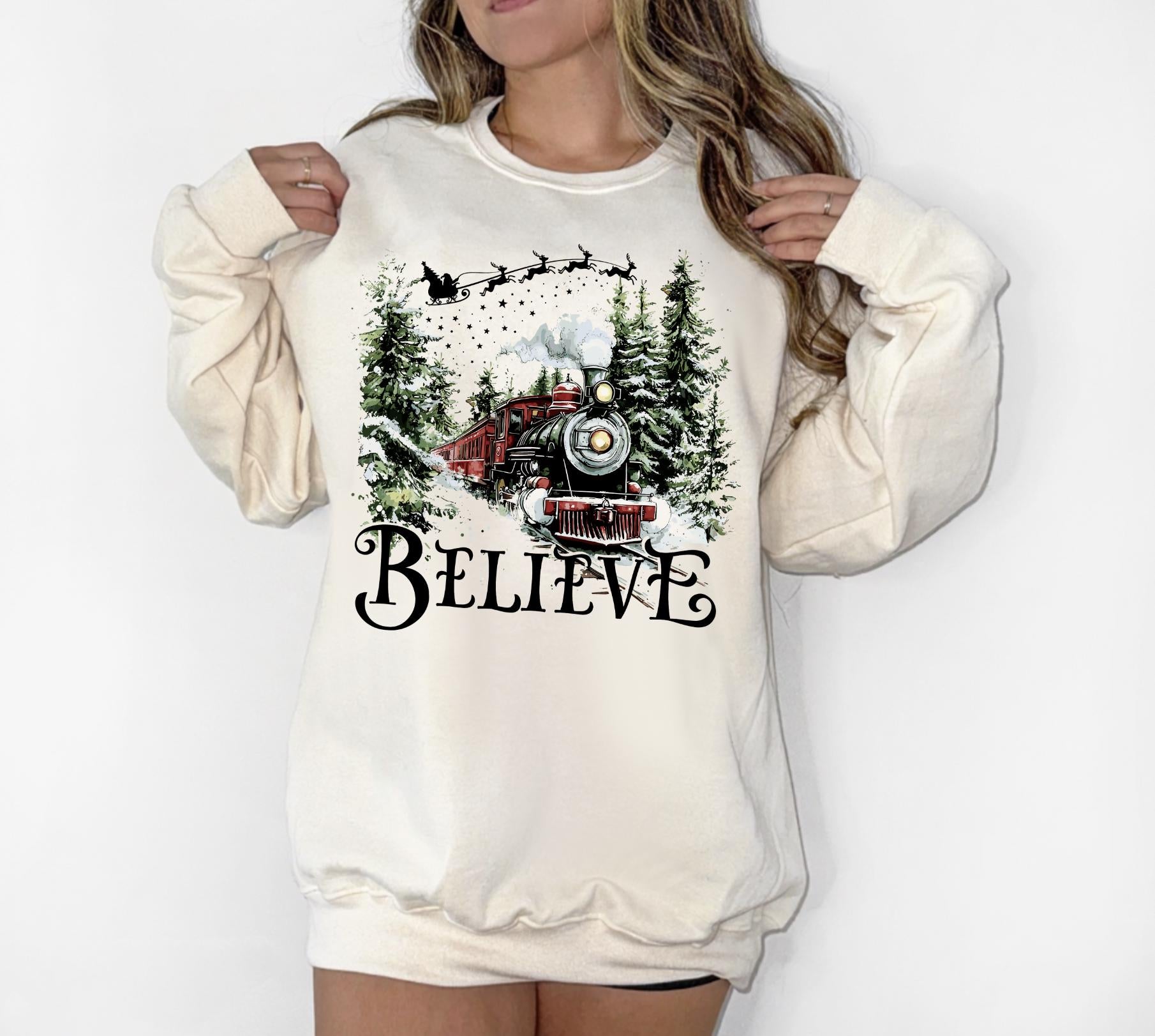 Christmas Train Wreck DTG Printed Pink Santa Sweatshirt or T-Shirt | Cute Holiday Graphic Tee | Pink Christmas Shirt