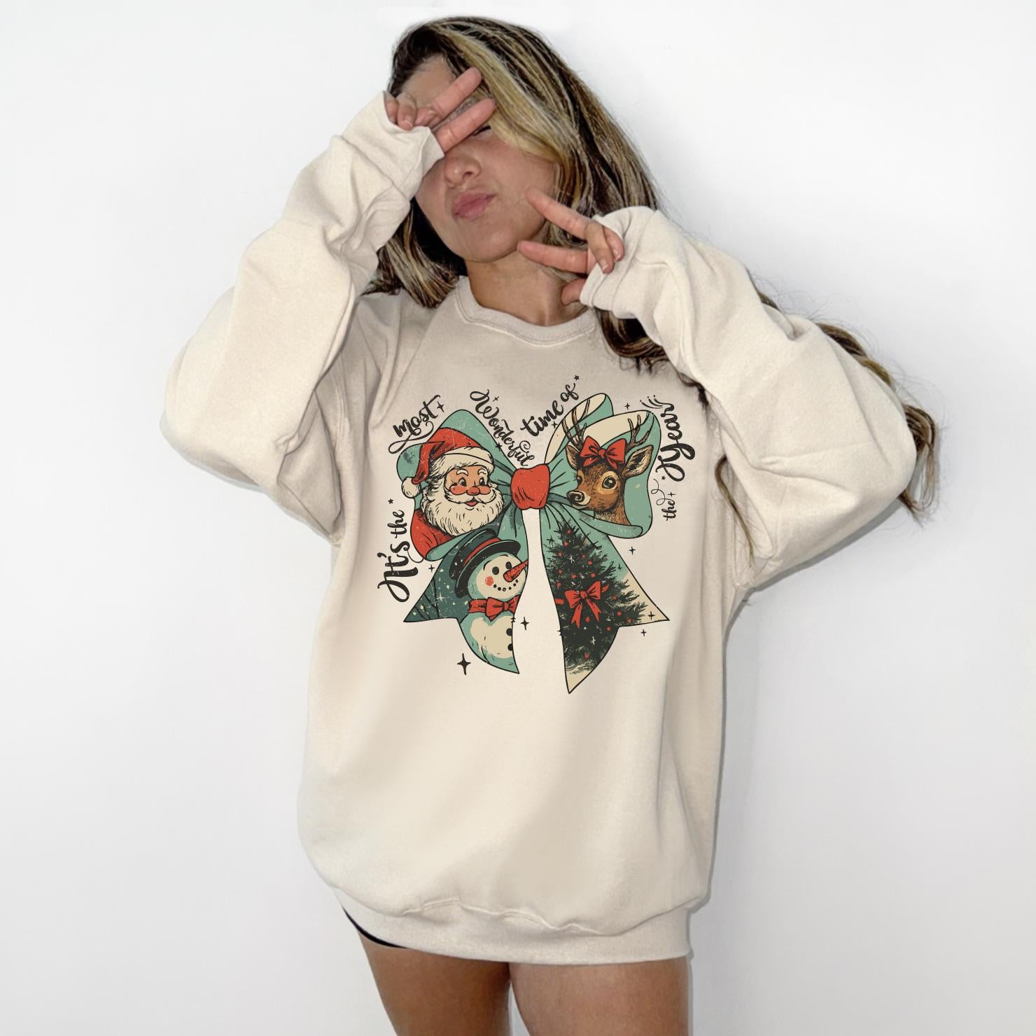 Christmas Bow DTG Printed Christmas Sweatshirt or T-Shirt | Cute Holiday Graphic Tee | Pink Christmas Shirt