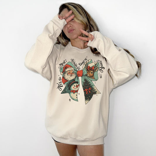 Christmas Bow DTG Printed Christmas Sweatshirt or T-Shirt | Cute Holiday Graphic Tee | Pink Christmas Shirt