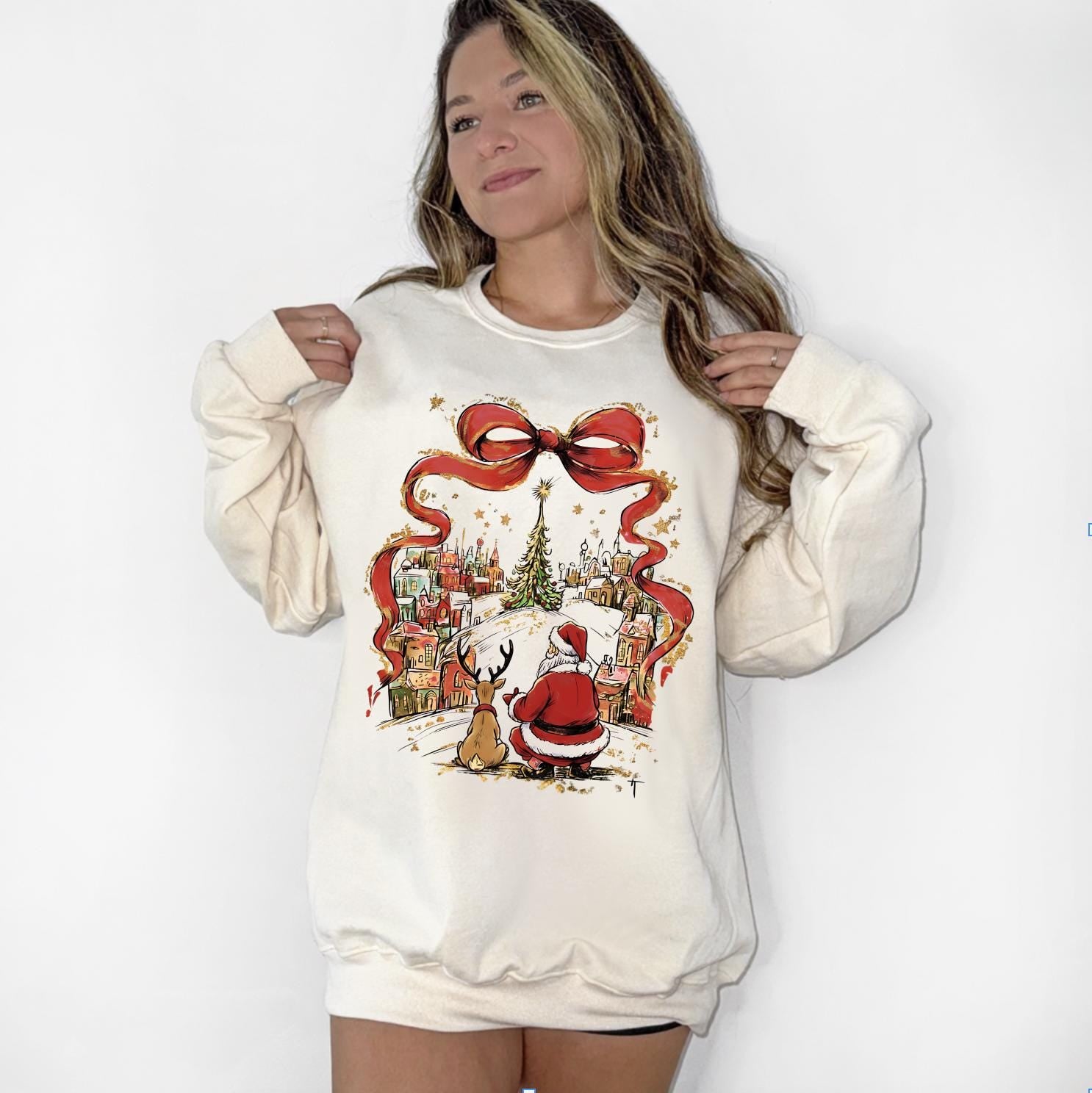 Christmas Scene DTG Printed Pink Sweatshirt or T-Shirt | Cute Holiday Graphic Tee | Pink Christmas Shirt