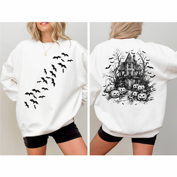 Haunted House Halloween Sweatshirt | Spooky Bats & Pumpkins Crewneck | Fall Aesthetic Cozy Pullover