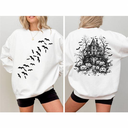 Haunted House Halloween Sweatshirt | Spooky Bats & Pumpkins Crewneck | Fall Aesthetic Cozy Pullover