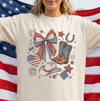 Person wearing a t-shirt with a patriotic design in front of an American flag