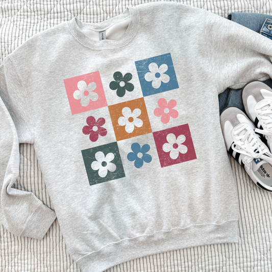 Checkered Flowers Sweatshirt or T-Shirt, DTG Printed