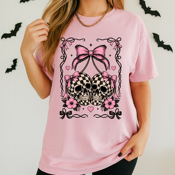 Checkered Skull Bow Sweatshirt or T-Shirt, DTG Printed