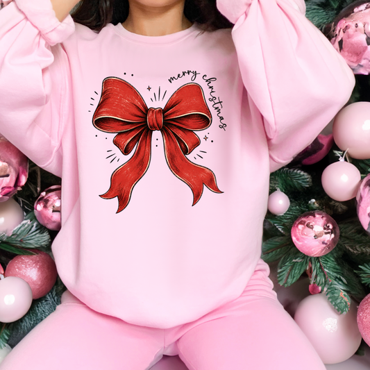 Merry Christmas Red Bow Sweatshirt or T-Shirt DTG Printed