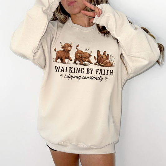 Highland Cow Walking by Faith Tripping Constantly T-Shirt or Sweatshirt, DTG Printed