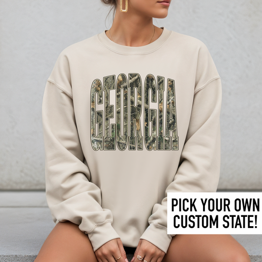 Custom Camo State Letters Shirt or Sweatshirt, DTG Printed