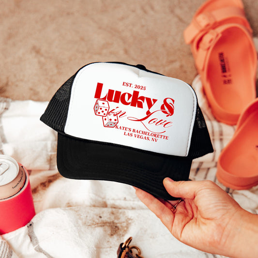 Bachelorette Party Custom Trucker Hats, Lucky In Love Bachelorette Merch, Custom Destination Girls Trip Bach Party Las Vegas