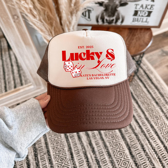 Bachelorette Party Custom Trucker Hats, Lucky In Love Bachelorette Merch, Custom Destination Girls Trip Bach Party Las Vegas