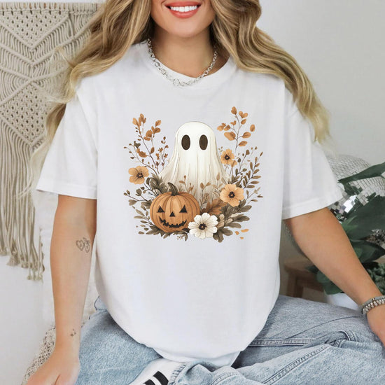 Vintage Boho Ghost with Flowers Comfort Colors Shirt, Halloween Shirt, Vintage Halloween Shirt, Spooky Season T-Shirt