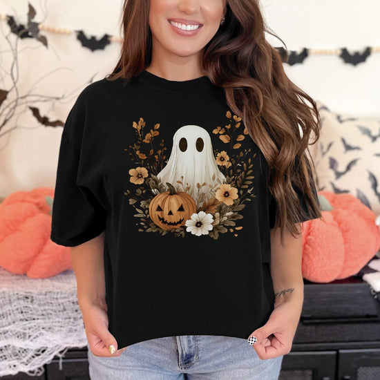 Vintage Boho Ghost with Flowers Comfort Colors Shirt, Halloween Shirt, Vintage Halloween Shirt, Spooky Season T-Shirt