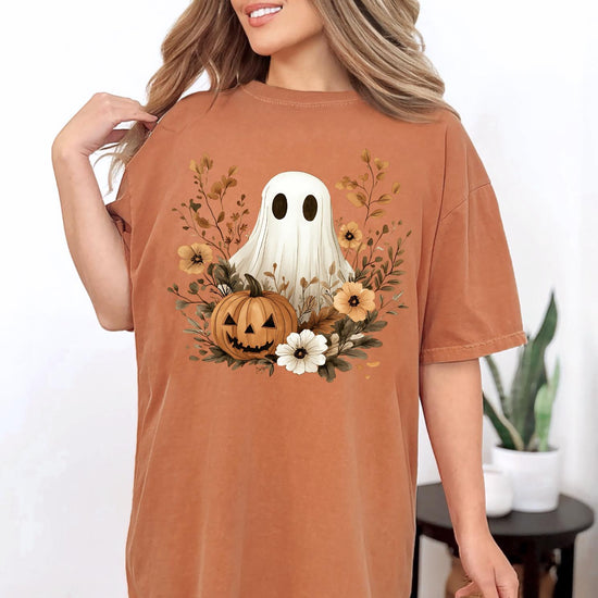 Vintage Boho Ghost with Flowers Comfort Colors Shirt, Halloween Shirt, Vintage Halloween Shirt, Spooky Season T-Shirt