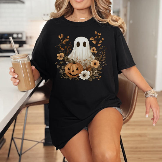 Vintage Boho Ghost with Flowers Comfort Colors Shirt, Halloween Shirt, Vintage Halloween Shirt, Spooky Season T-Shirt