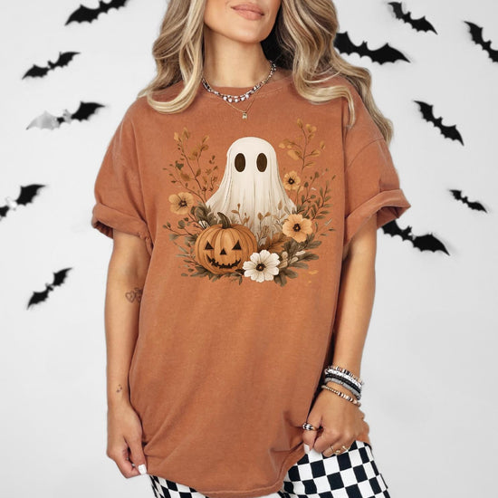 Vintage Boho Ghost with Flowers Comfort Colors Shirt, Halloween Shirt, Vintage Halloween Shirt, Spooky Season T-Shirt
