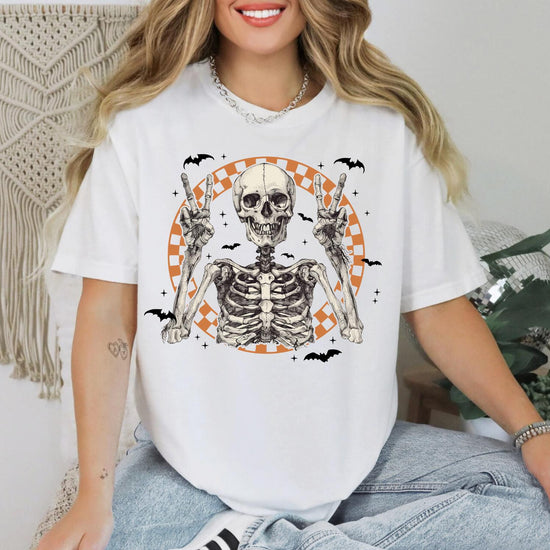 Peace Skeleton Halloween Shirt, Halloween Comfort Colors Shirt, Retro Skeleton Shirt, Cute Fall Shirt, Women's Halloween Tee, Pumpkin Season