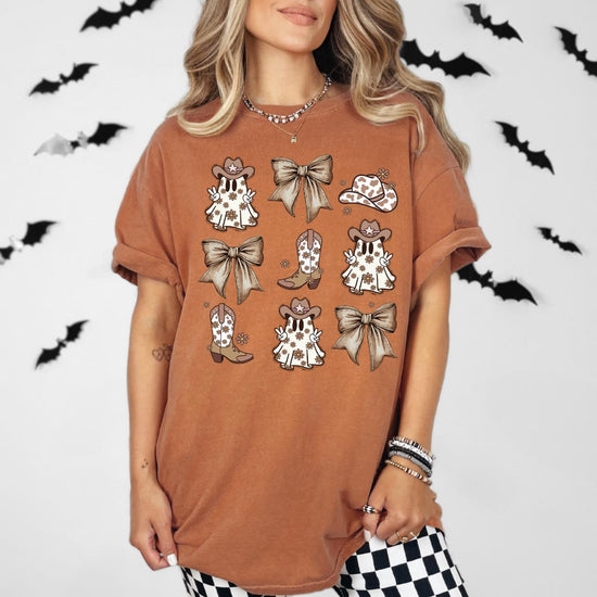 Comfort Colors® Cowgirl Coquette Ghost T-Shirt, Retro Ghost and Bows Shirt, Ghost Shirt, Halloween Graphic Tee