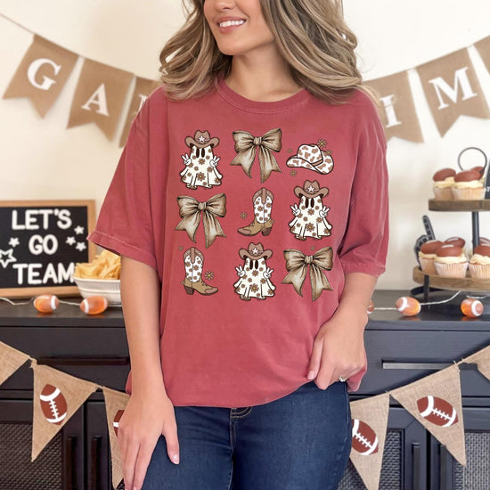 Comfort Colors® Cowgirl Coquette Ghost T-Shirt, Retro Ghost and Bows Shirt, Ghost Shirt, Halloween Graphic Tee