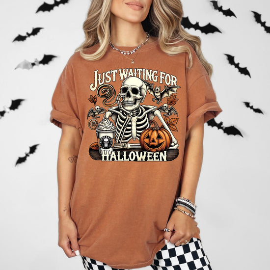Just Waiting for Halloween T-Shirt, Awaiting Halloween Tee, Halloween Graphic Shirt, Skeleton Halloween, Skeleton Dancing Shirt