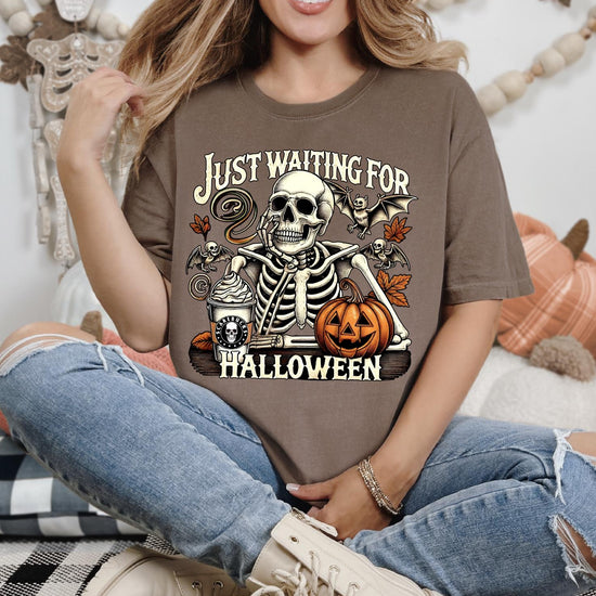 Just Waiting for Halloween T-Shirt, Awaiting Halloween Tee, Halloween Graphic Shirt, Skeleton Halloween, Skeleton Dancing Shirt