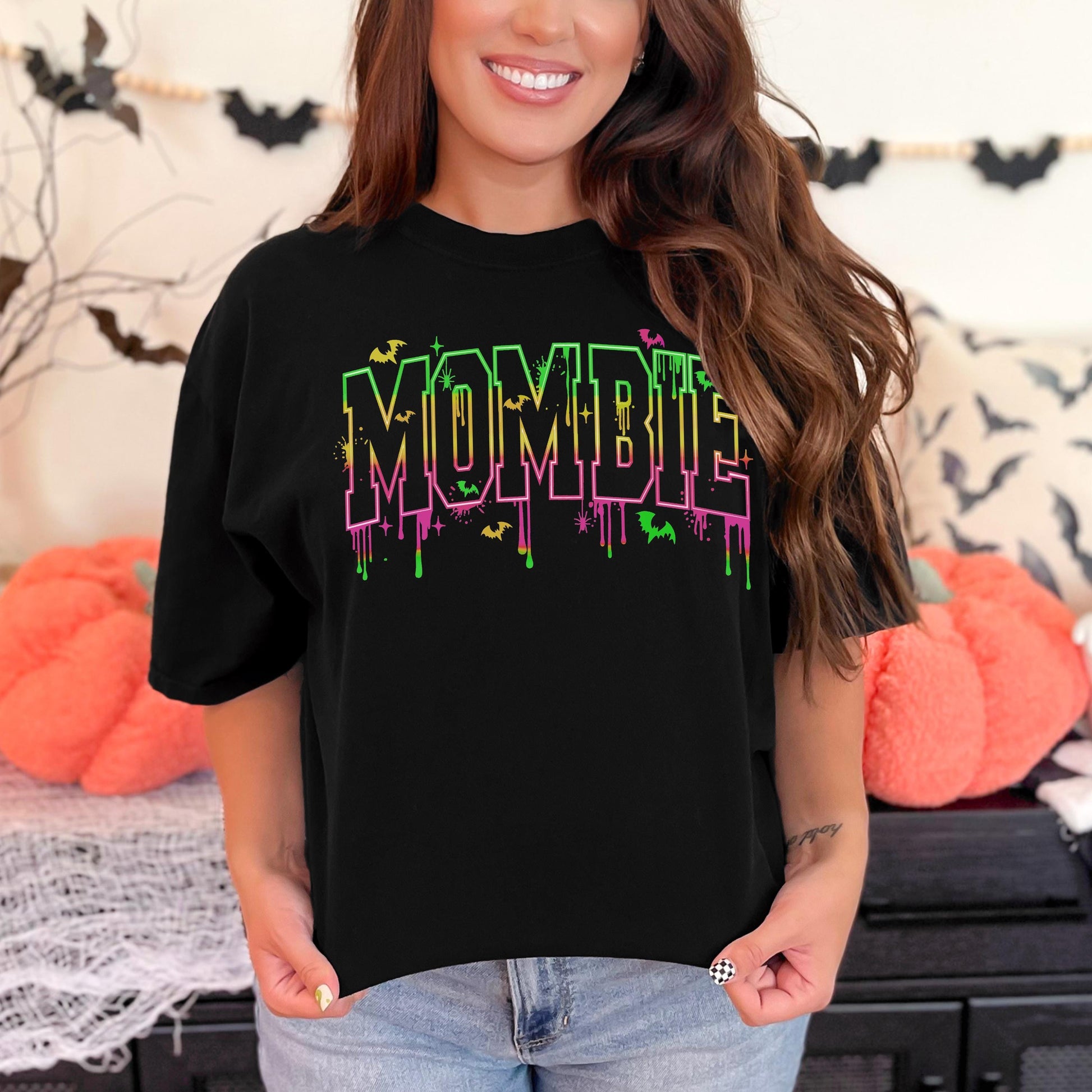 Mombie Neon Fluorescent Black Light Glow in the Dark Comfort Colors T-Shirt, Mombie T-Shirt, Mom Halloween Shirt, Halloween Mom T-shirts
