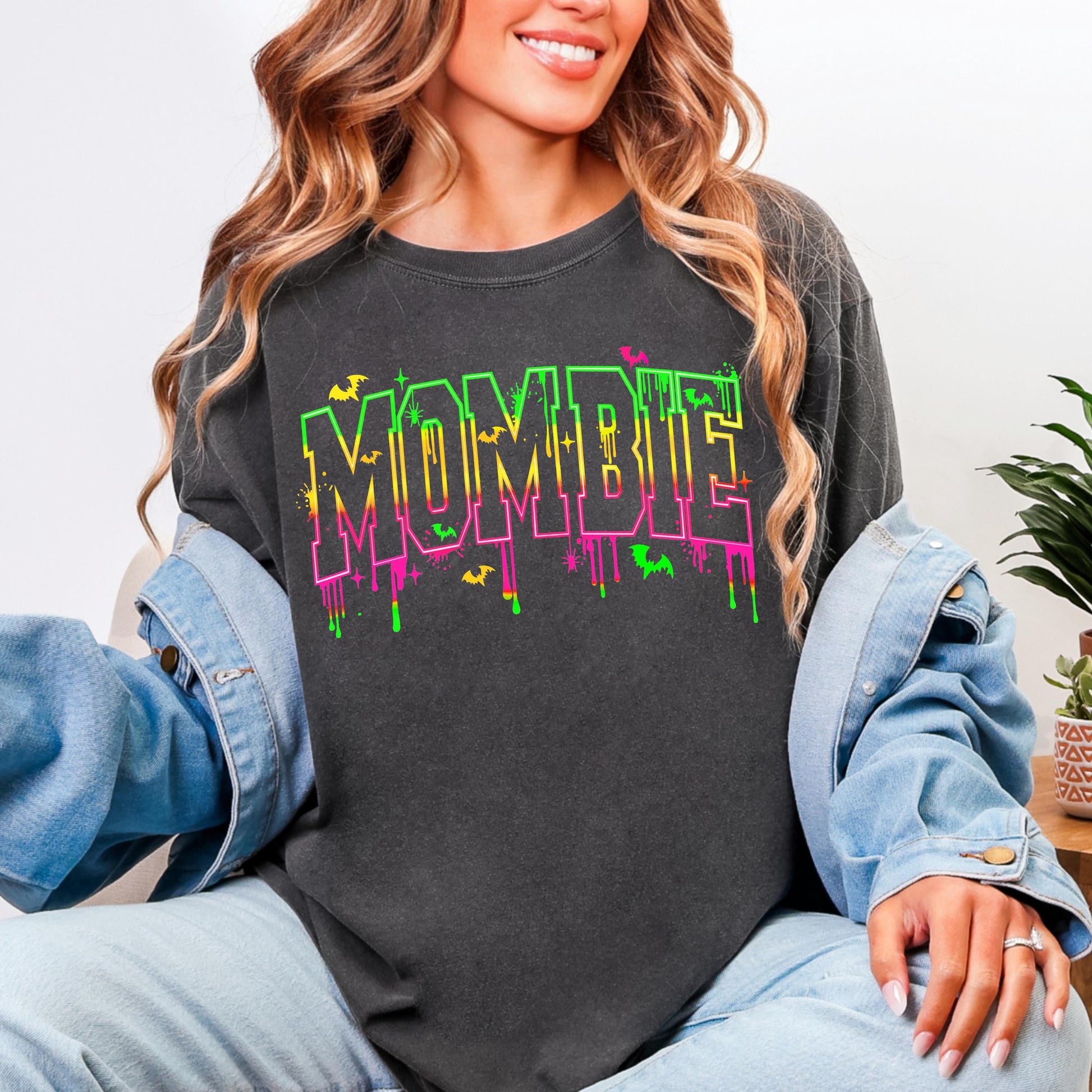 Mombie Neon Fluorescent Black Light Glow in the Dark Comfort Colors T-Shirt, Mombie T-Shirt, Mom Halloween Shirt, Halloween Mom T-shirts