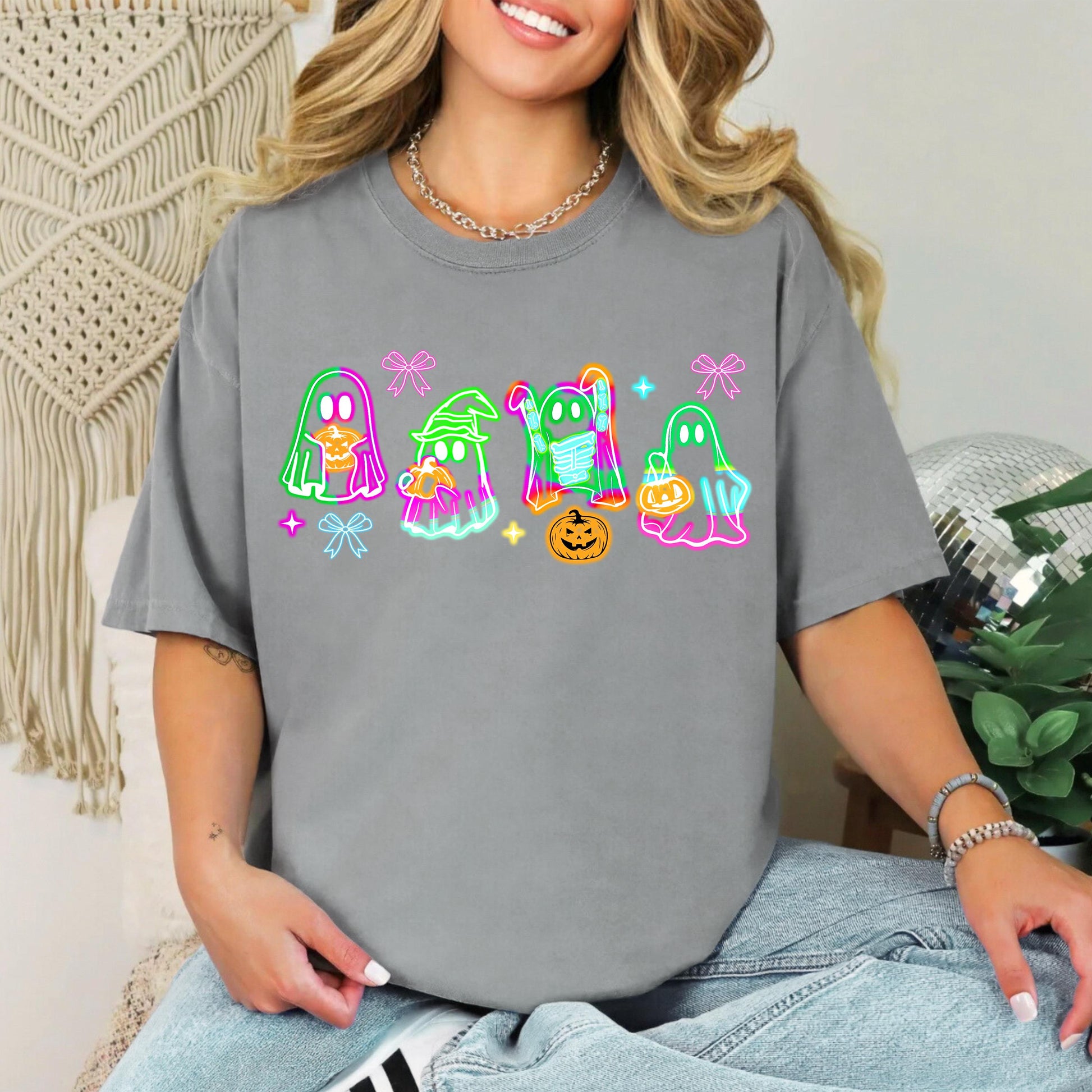Ghosts Icons Neon Fluorescent Black Light Glow in the Dark Comfort Colors T-Shirt, Glow Halloween T-Shirt, Glow in the Dark Halloween Shirt
