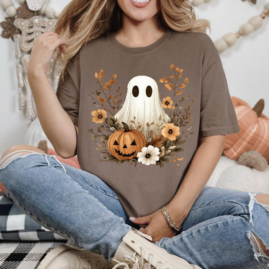 Vintage Boho Ghost with Flowers Comfort Colors Shirt, Halloween Shirt, Vintage Halloween Shirt, Spooky Season T-Shirt