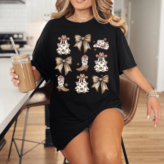 Comfort Colors® Cowgirl Coquette Ghost T-Shirt, Retro Ghost and Bows Shirt, Ghost Shirt, Halloween Graphic Tee