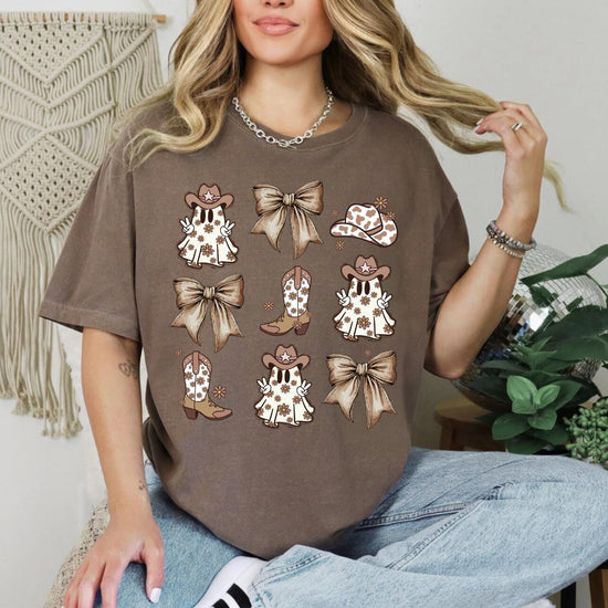 Comfort Colors® Cowgirl Coquette Ghost T-Shirt, Retro Ghost and Bows Shirt, Ghost Shirt, Halloween Graphic Tee