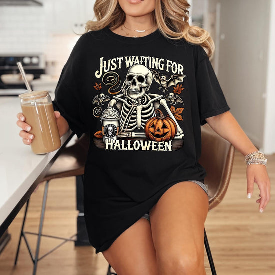 Just Waiting for Halloween T-Shirt, Awaiting Halloween Tee, Halloween Graphic Shirt, Skeleton Halloween, Skeleton Dancing Shirt