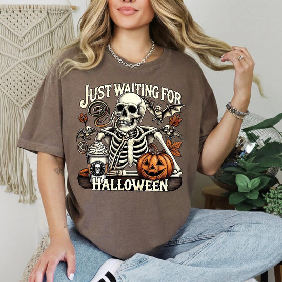 Just Waiting for Halloween T-Shirt, Awaiting Halloween Tee, Halloween Graphic Shirt, Skeleton Halloween, Skeleton Dancing Shirt