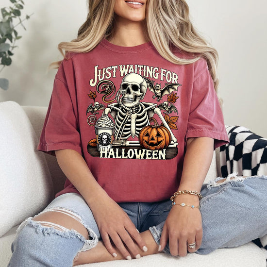 Just Waiting for Halloween T-Shirt, Awaiting Halloween Tee, Halloween Graphic Shirt, Skeleton Halloween, Skeleton Dancing Shirt