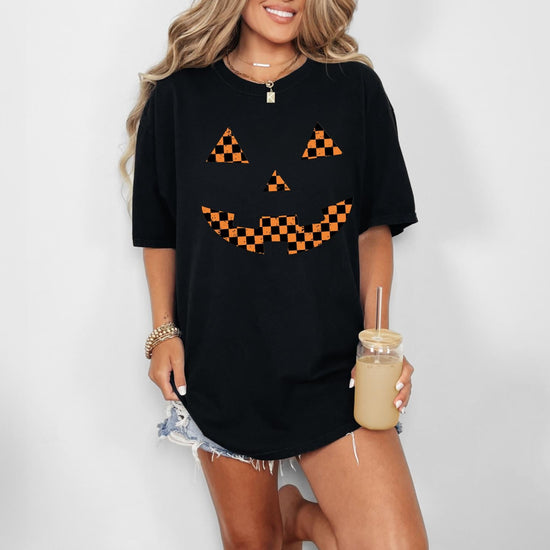 Checkered Pumpkin Face Comfort Colors Halloween T-Shirt, Checkered Halloween Tee, Pumpkin Face Halloween Graphic Shirt