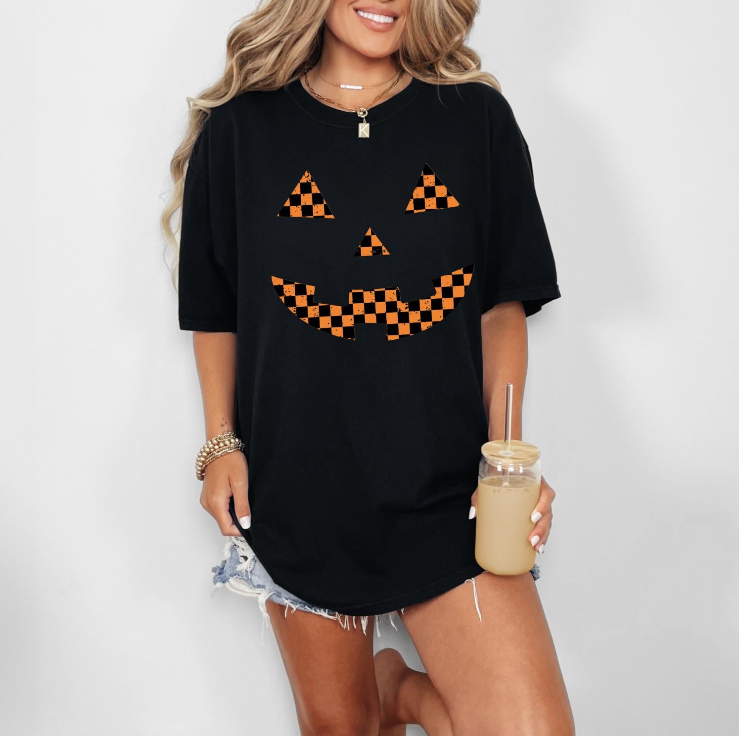 Checkered Pumpkin Face Comfort Colors Halloween T-Shirt, Checkered Halloween Tee, Pumpkin Face Halloween Graphic Shirt