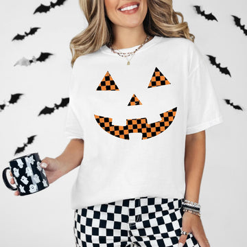 Checkered Pumpkin Face Comfort Colors Halloween T-Shirt, Checkered Halloween Tee, Pumpkin Face Halloween Graphic Shirt