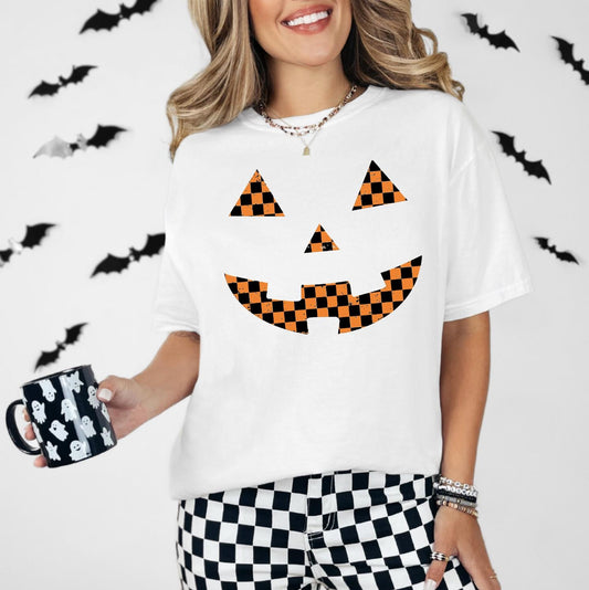 Checkered Pumpkin Face Comfort Colors Halloween T-Shirt, Checkered Halloween Tee, Pumpkin Face Halloween Graphic Shirt