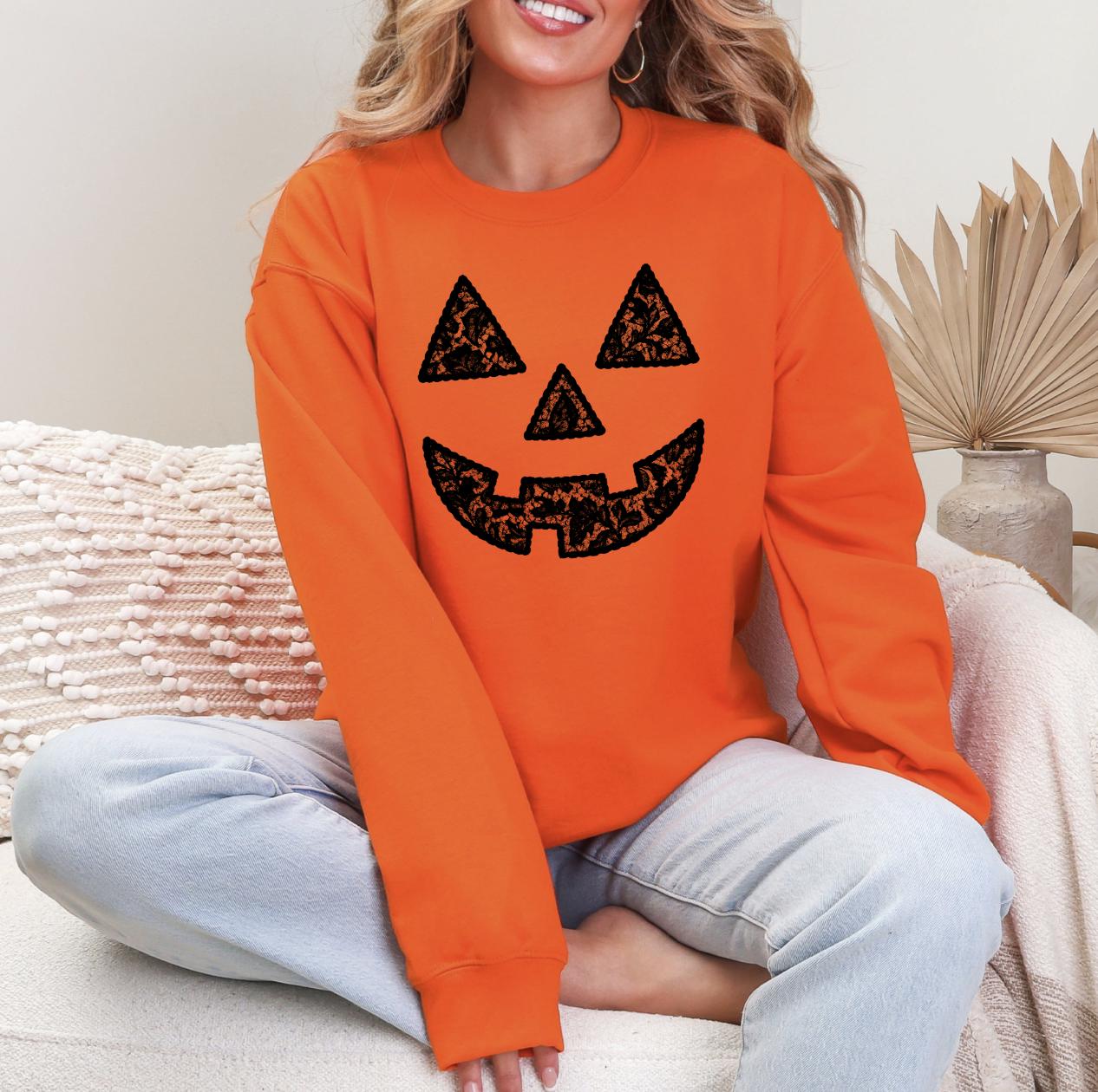 Lace Pumpkin Sweatshirt or T-Shirt – Fall Unisex Shirt, Autumn Aesthetic Top, Thanksgiving Outfit