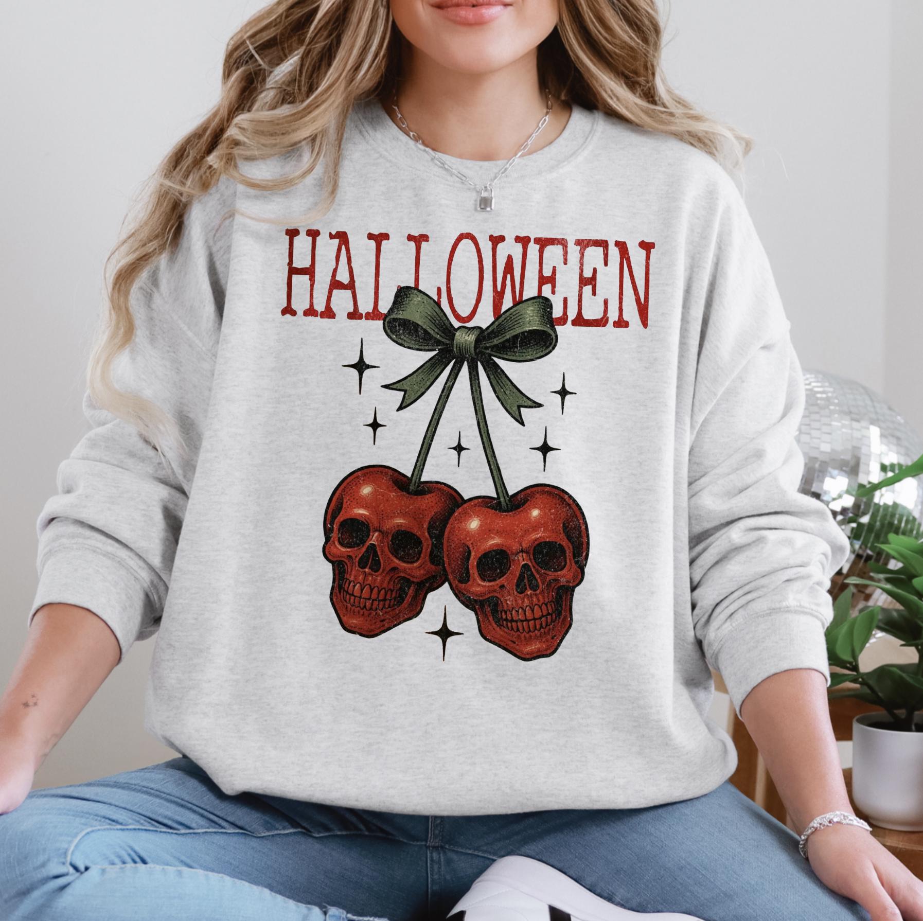 Halloween Skeleton Cherries Shirt or Sweatshirt For Halloween Lovers, Trendy Spooky Shirt Gift Tee, Skull Cherries Halloween Shirt