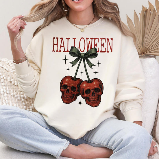 Halloween Skeleton Cherries Shirt or Sweatshirt For Halloween Lovers, Trendy Spooky Shirt Gift Tee, Skull Cherries Halloween Shirt
