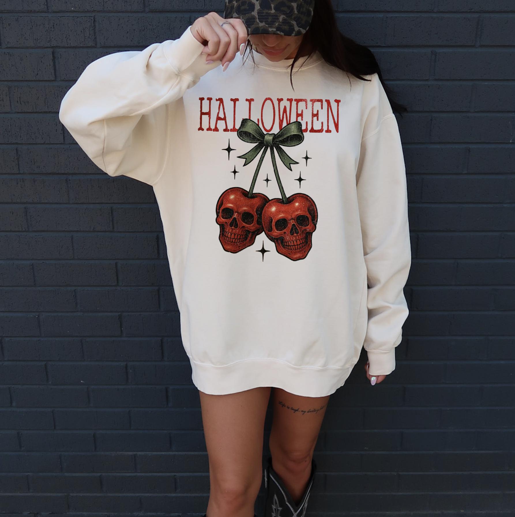 Halloween Skeleton Cherries Shirt or Sweatshirt For Halloween Lovers, Trendy Spooky Shirt Gift Tee, Skull Cherries Halloween Shirt