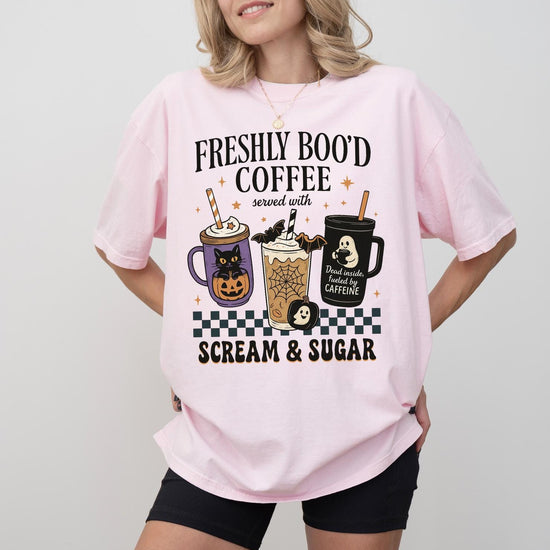 Freshly Boo’d Coffee Sweatshirt or T-Shirt | Halloween Coffee Lover Shirt | Spooky Season Ghost Graphic Tee | Cute Fall Barista Gift