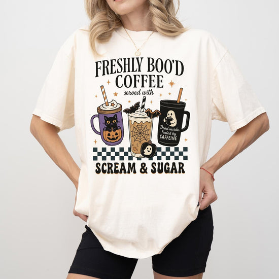 Freshly Boo’d Coffee Sweatshirt or T-Shirt | Halloween Coffee Lover Shirt | Spooky Season Ghost Graphic Tee | Cute Fall Barista Gift